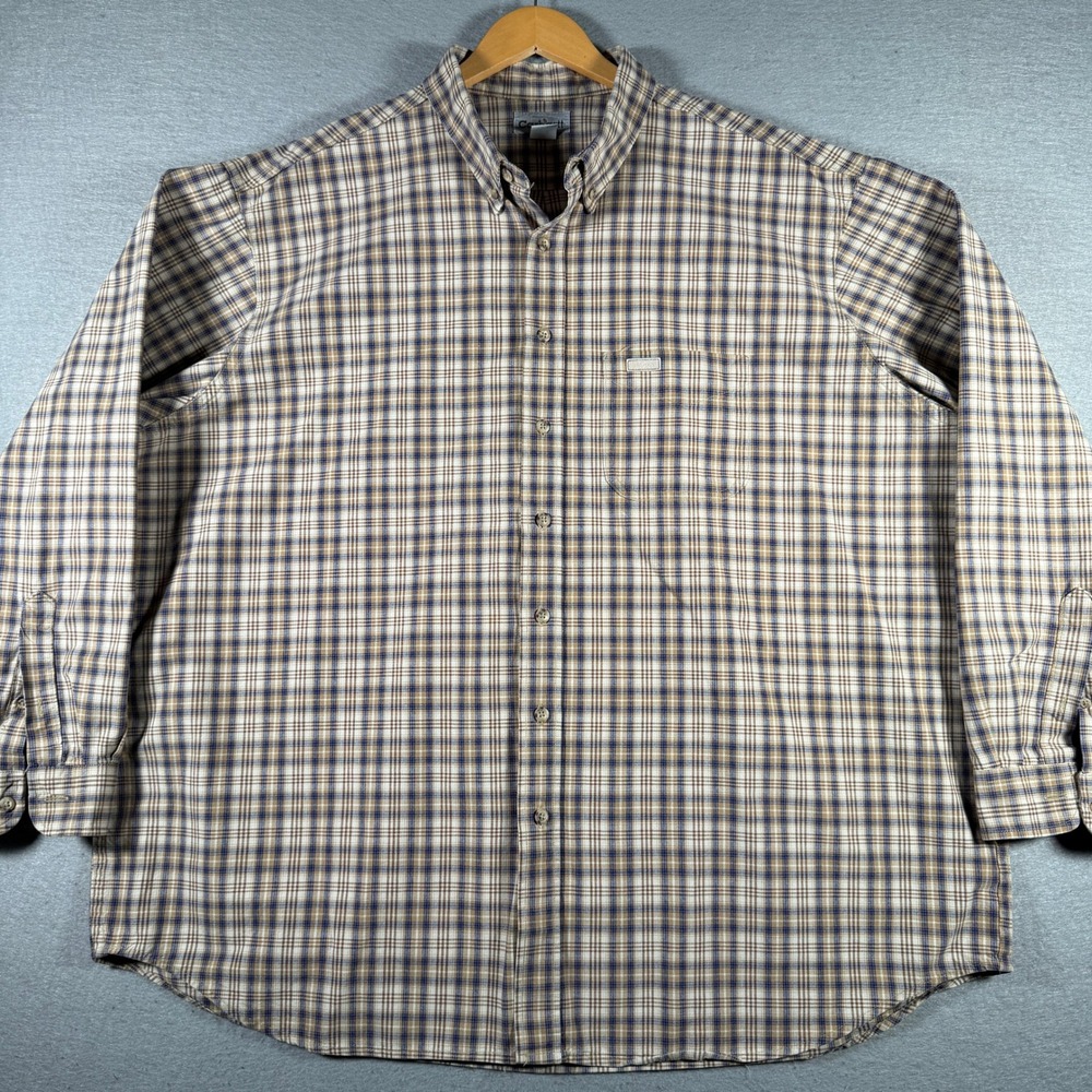 Vintage Carhartt Men 3XL Tall Plaid Button Down Work Shirt Tan Blue  Long Sleeve
